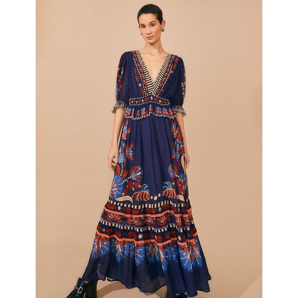 Farm Rio Nature Beauty Chiffon Geometric Maxi Blue Dress Size XXS New